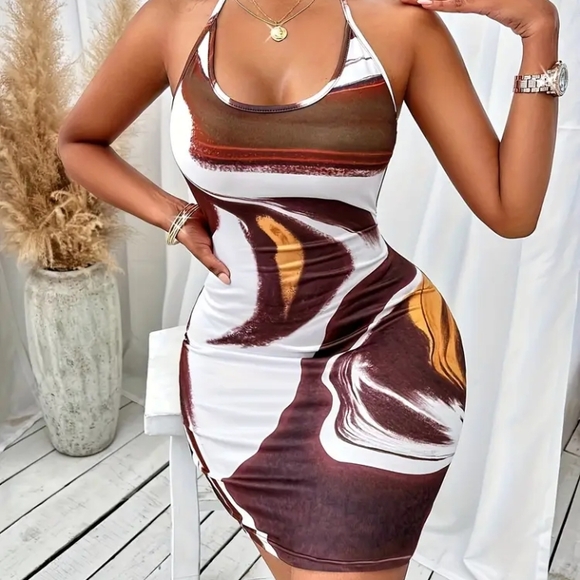 None Dresses & Skirts - Chic Brown and White Halter Mini Dress